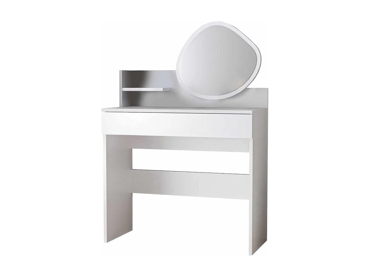 Weiße Holzfrisiertisch Harmony Mini Amorphous mit Spiegel, 6-Fächer-Schublade und Regal – 90x40x133 cm