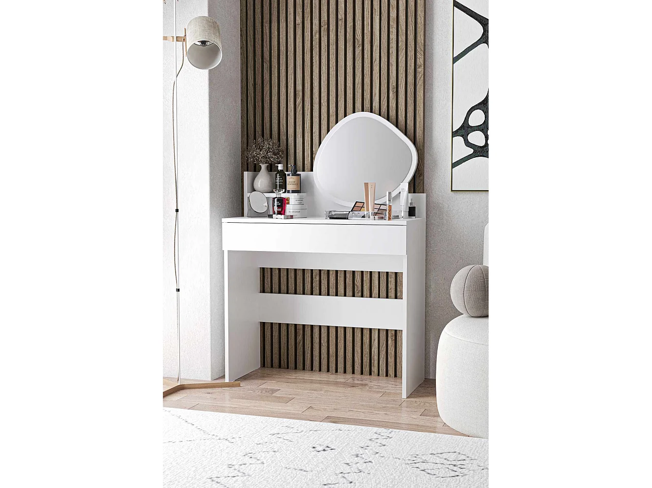 Weiße Holzfrisiertisch Harmony Mini Amorphous mit Spiegel, 6-Fächer-Schublade und Regal – 90x40x133 cm