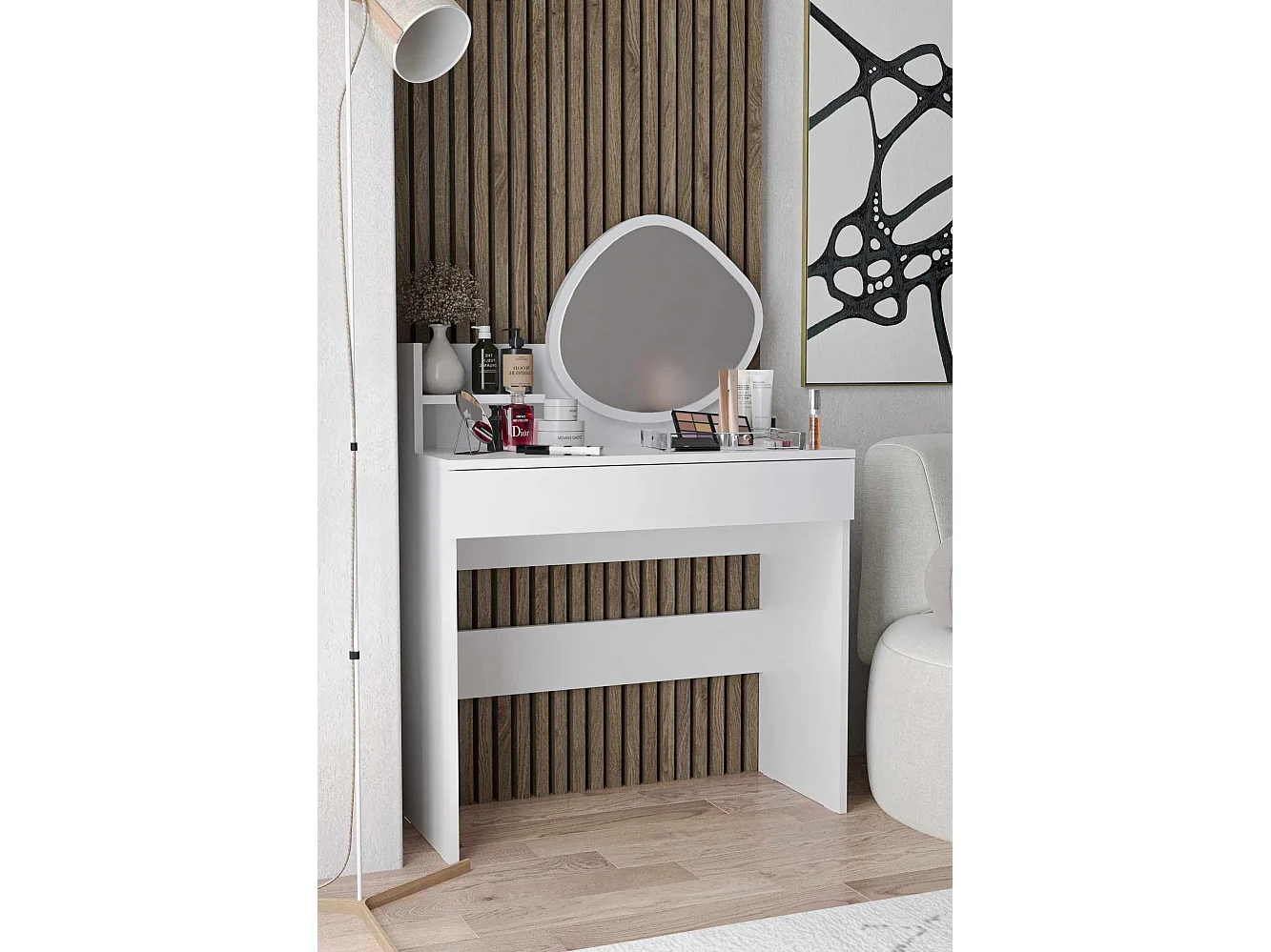 Weiße Holzfrisiertisch Harmony Mini Amorphous mit Spiegel, 6-Fächer-Schublade und Regal – 90x40x133 cm