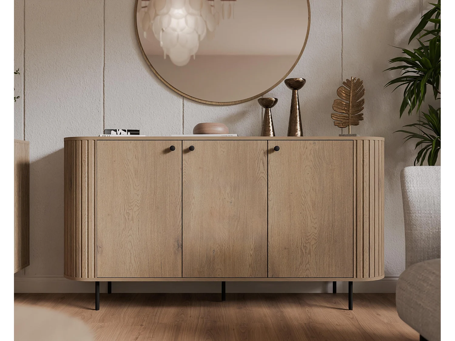 AX LIVING Commode Halay chêne Cremona 3 portes façade rainurée 165 cm bords arrondis