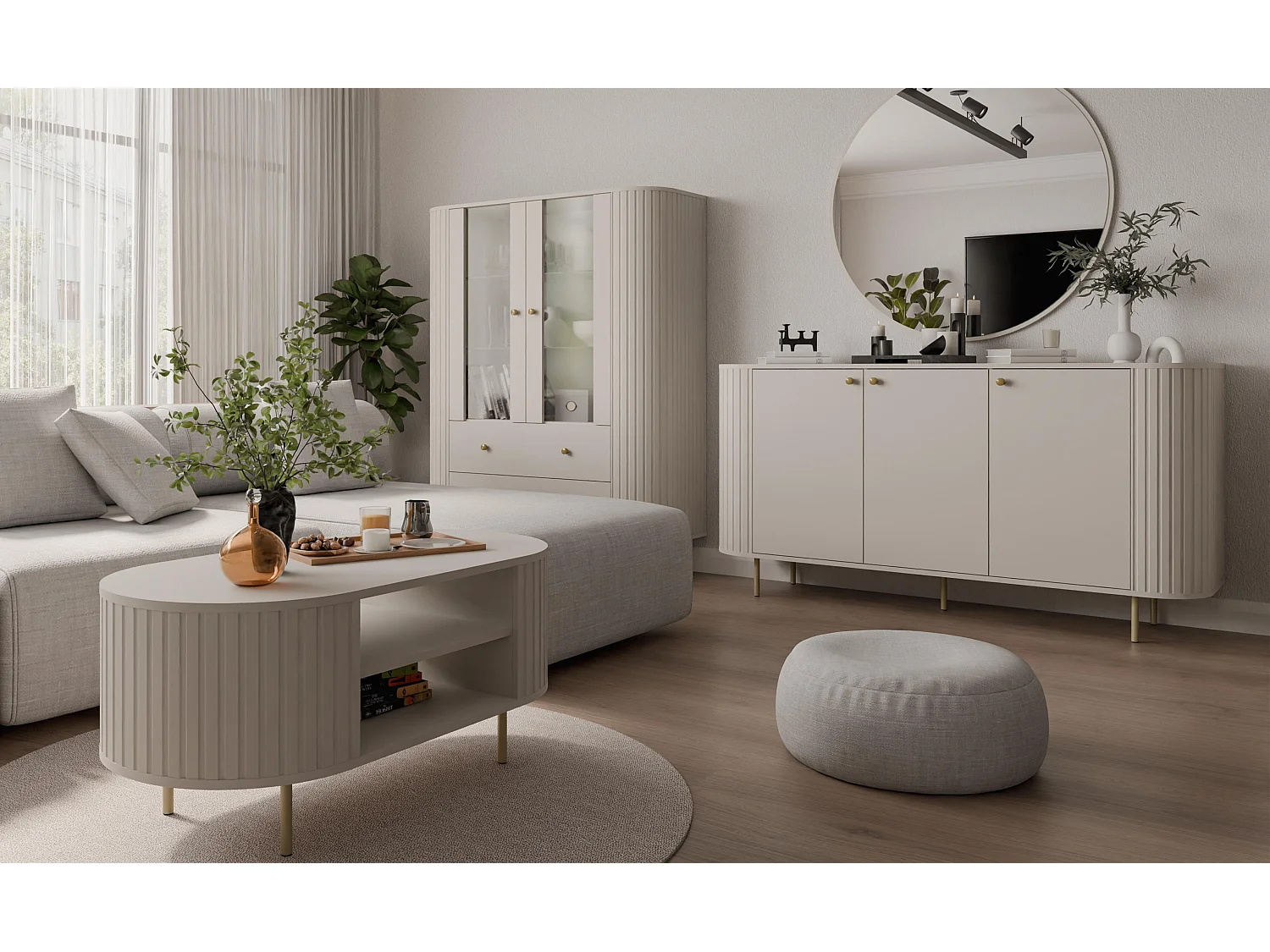 AX LIVING Commode Halay beige 3 portes façade rainurée 165 cm bords arrondis