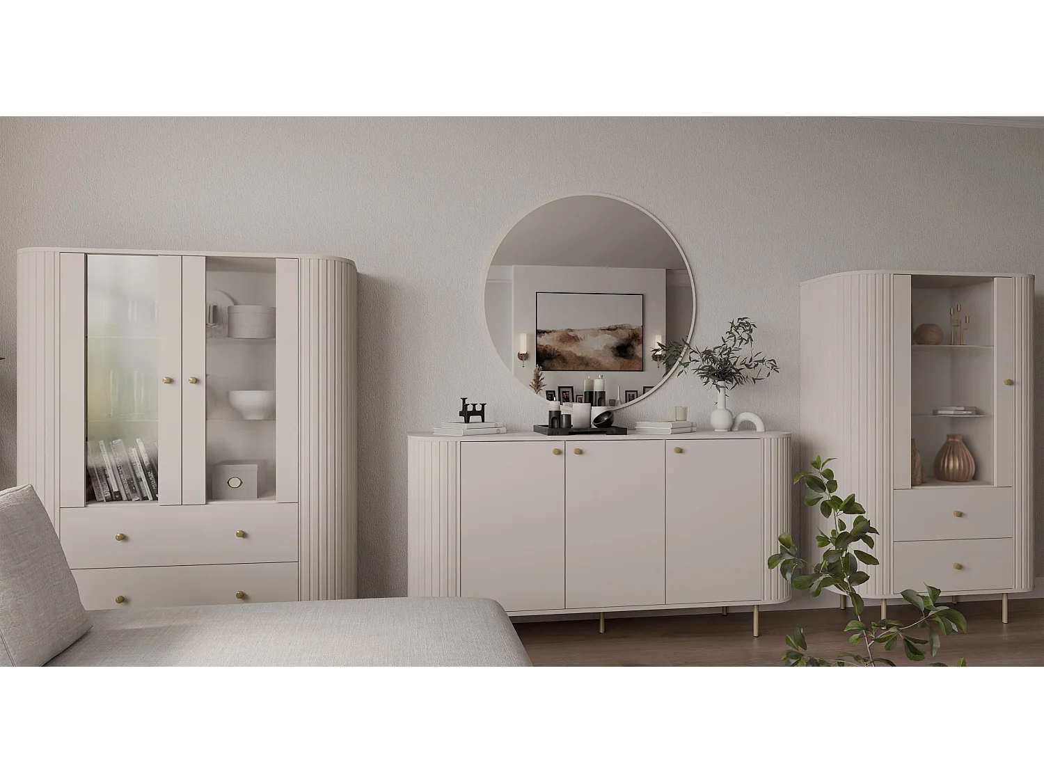 AX LIVING Commode Halay beige 3 portes façade rainurée 165 cm bords arrondis