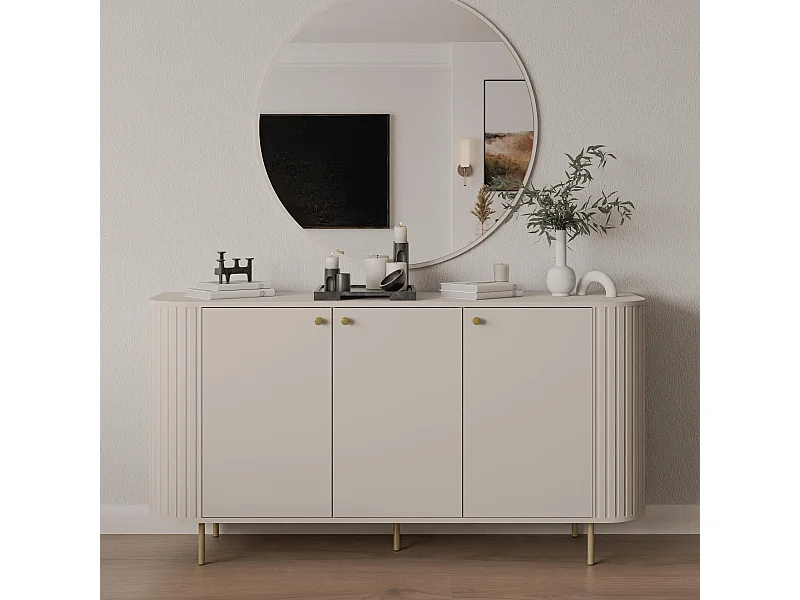 AX LIVING Commode Halay beige 3 portes façade rainurée 165 cm bords arrondis