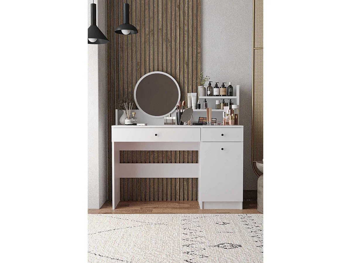 Weiße Holzfrisiertisch "Harmony Round" mit rundem Spiegel, 2 Schubladen und Regalen, 124x40x135 cm