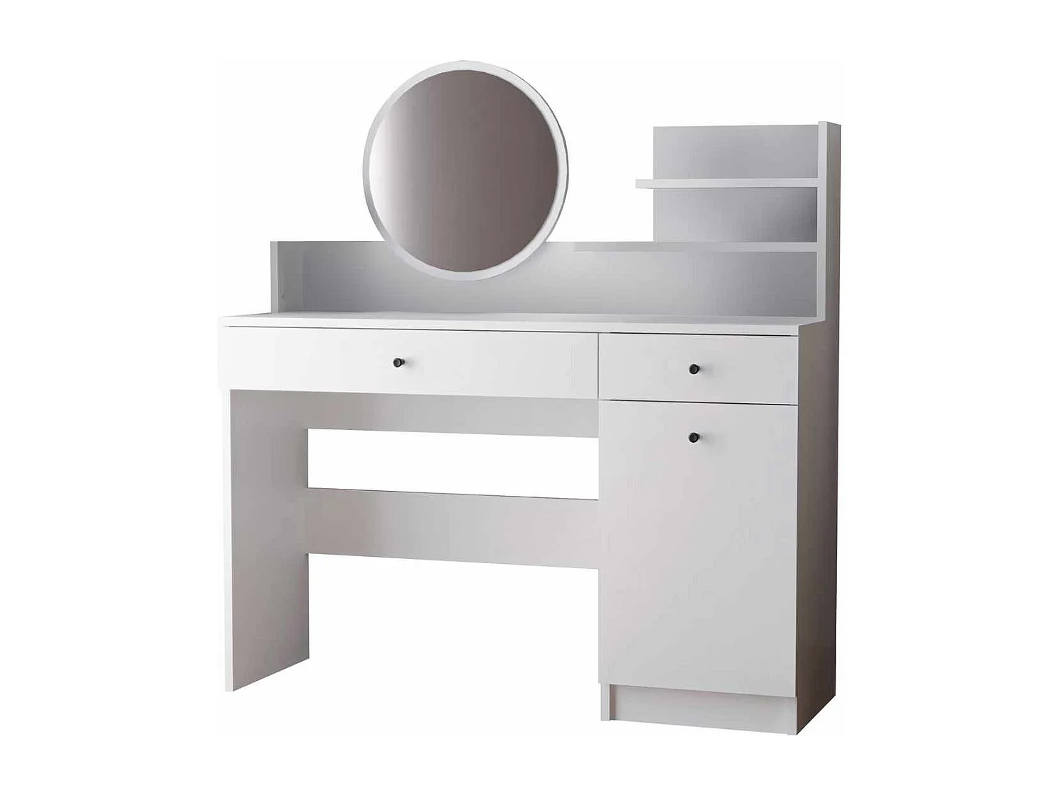 Weiße Holzfrisiertisch "Harmony Round" mit rundem Spiegel, 2 Schubladen und Regalen, 124x40x135 cm