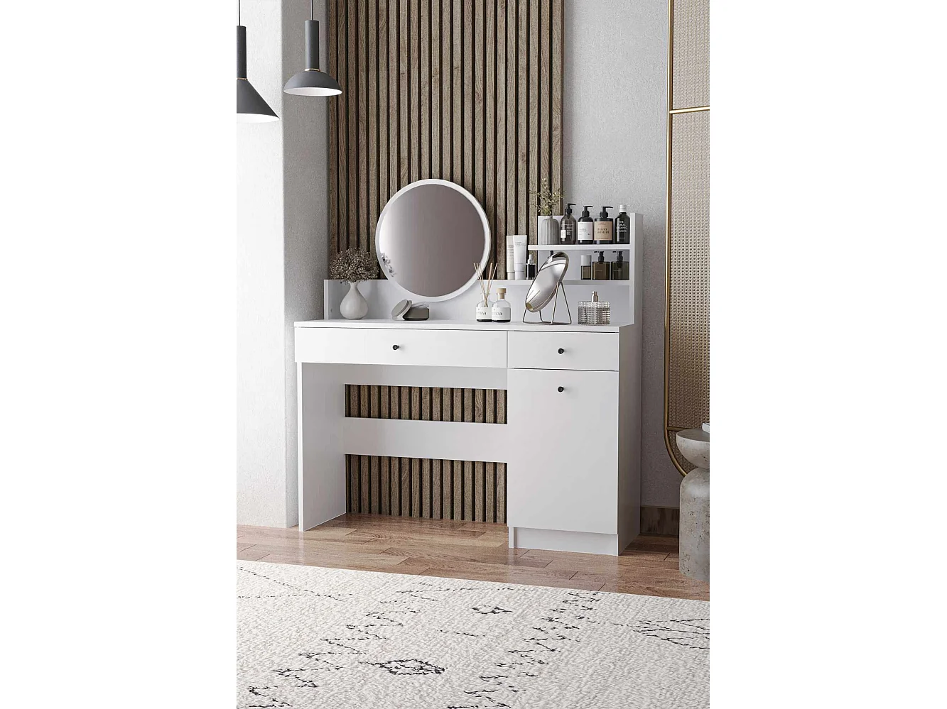 Weiße Holzfrisiertisch "Harmony Round" mit rundem Spiegel, 2 Schubladen und Regalen, 124x40x135 cm