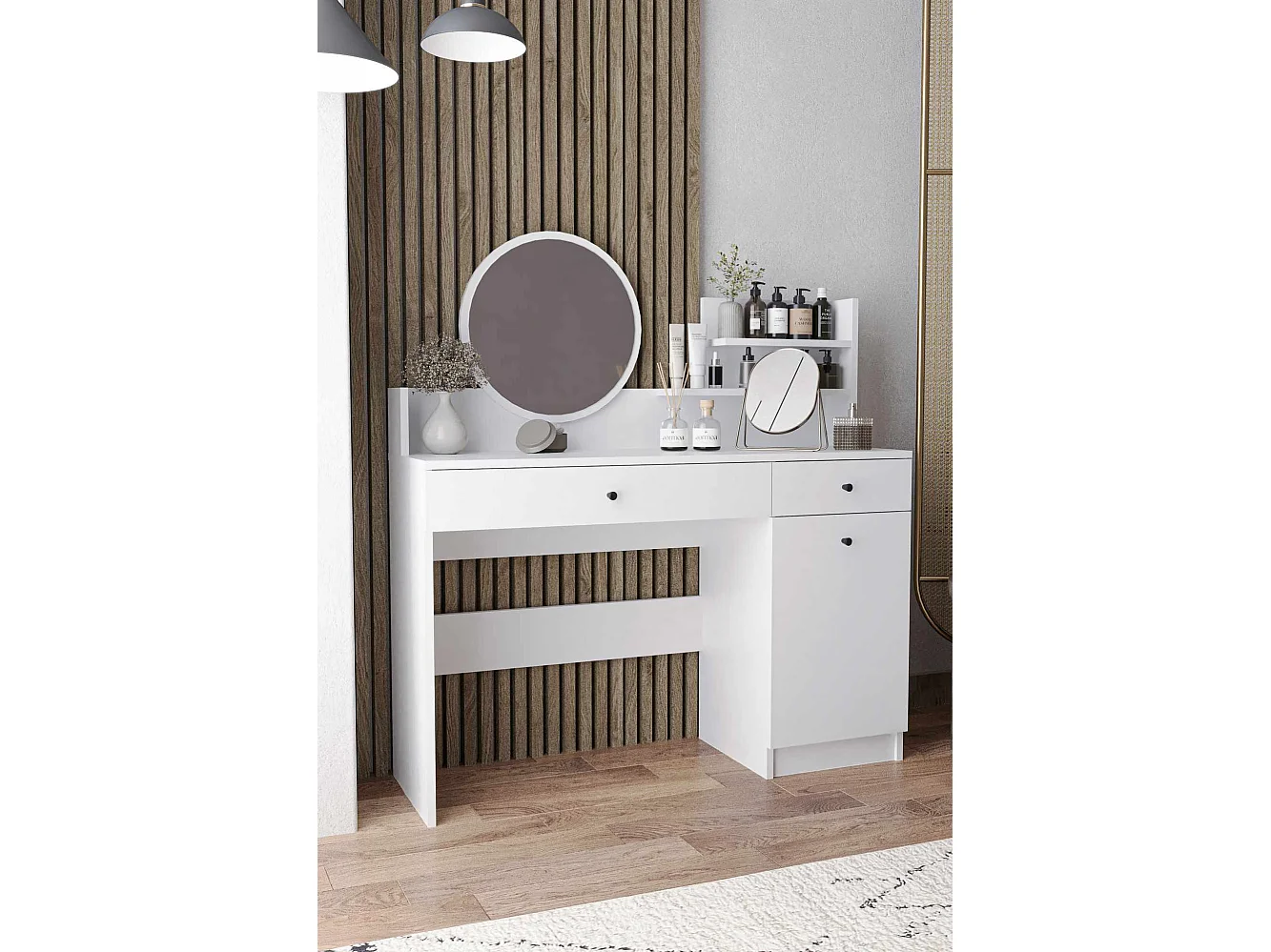 "Harmony Rund Vit Trä Sminkbord med Spegel - Elegant Design - Perfekt för Sovrummet"