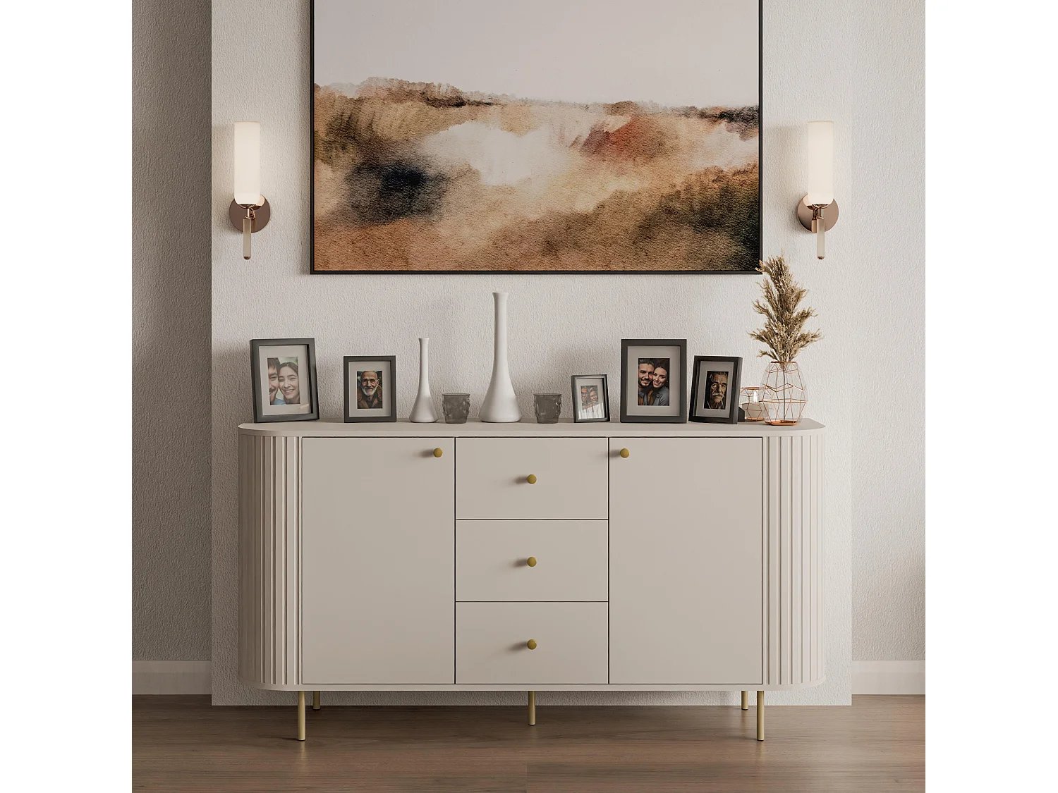 AX LIVING Commode Halay beige 2 portes 3 tiroirs façade rainurée 165 cm