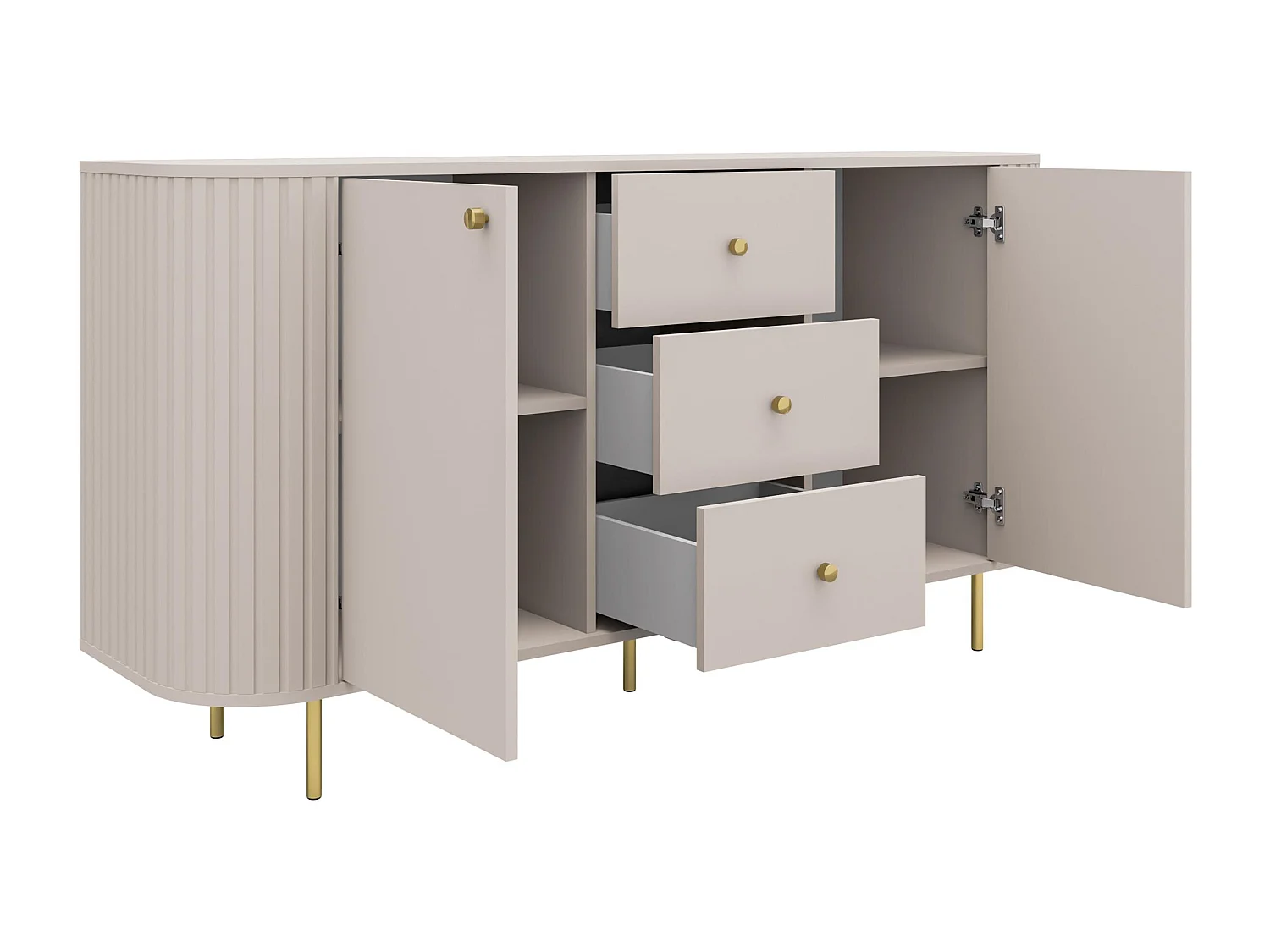 AX LIVING Commode Halay beige 2 portes 3 tiroirs façade rainurée 165 cm