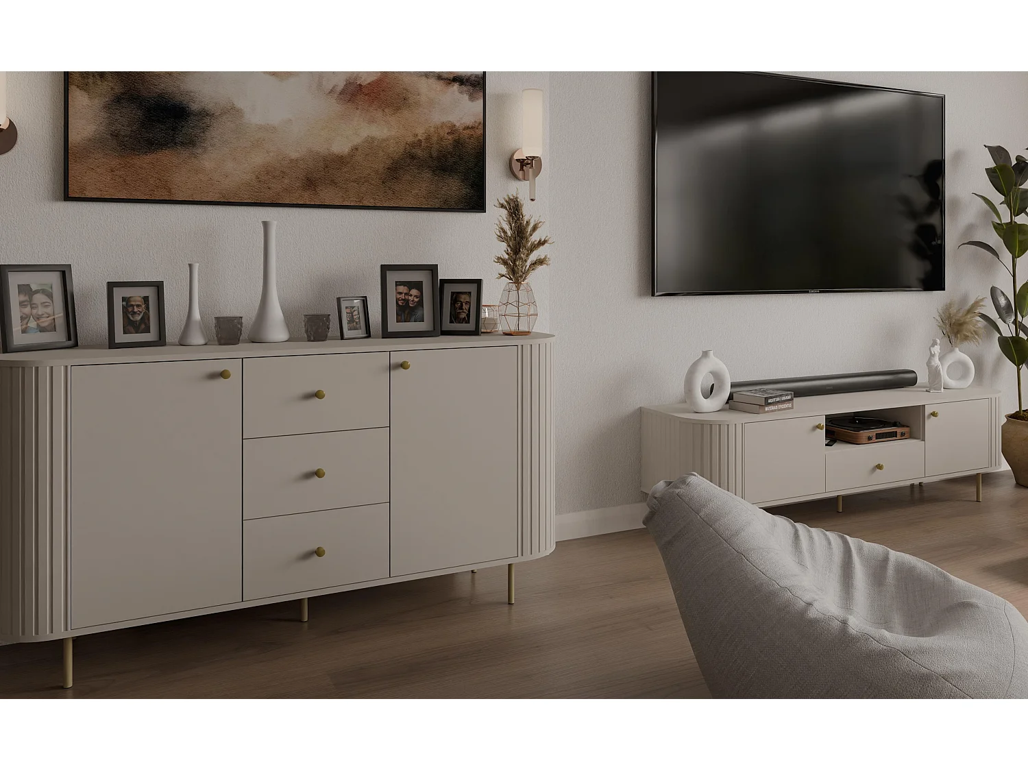 AX LIVING Commode Halay beige 2 portes 3 tiroirs façade rainurée 165 cm