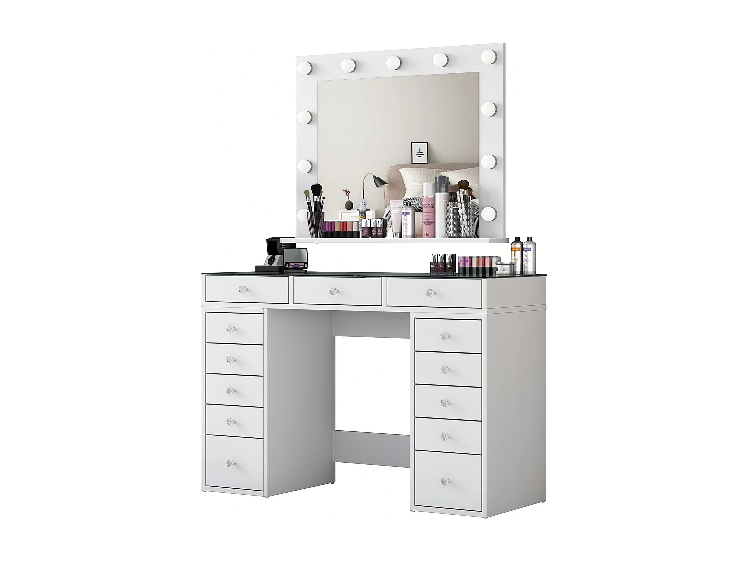 Frisiertisch Baria aus weißem Holz mit beleuchtetem Spiegel, 13 Schubladen und Ablage, 120x44x80 cm