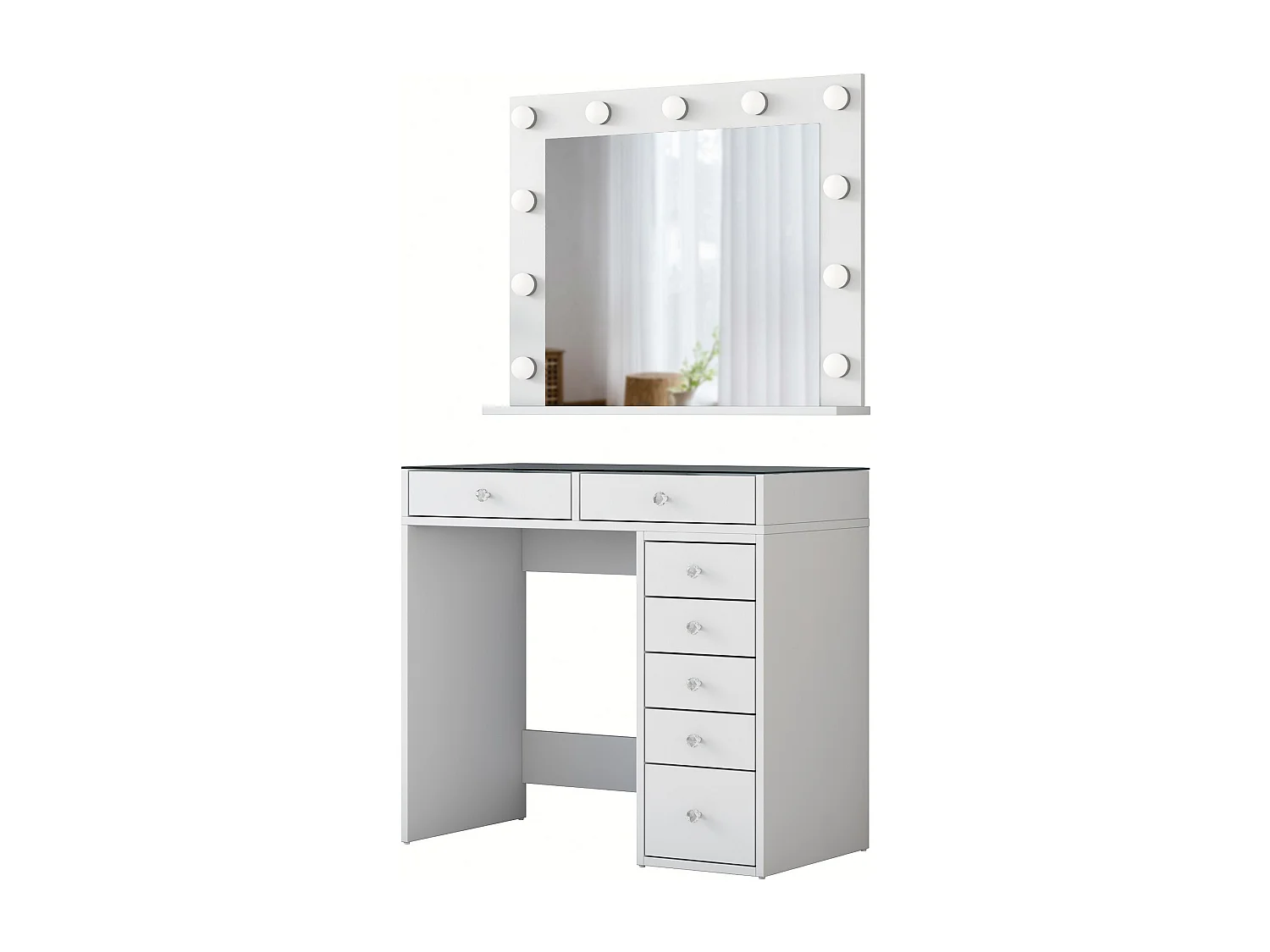 Weiße Holzfrisiertisch "Kona" mit beleuchtetem Spiegel 11 Glühbirnen, 5 Schubladen und Regal - 90x44x80 cm