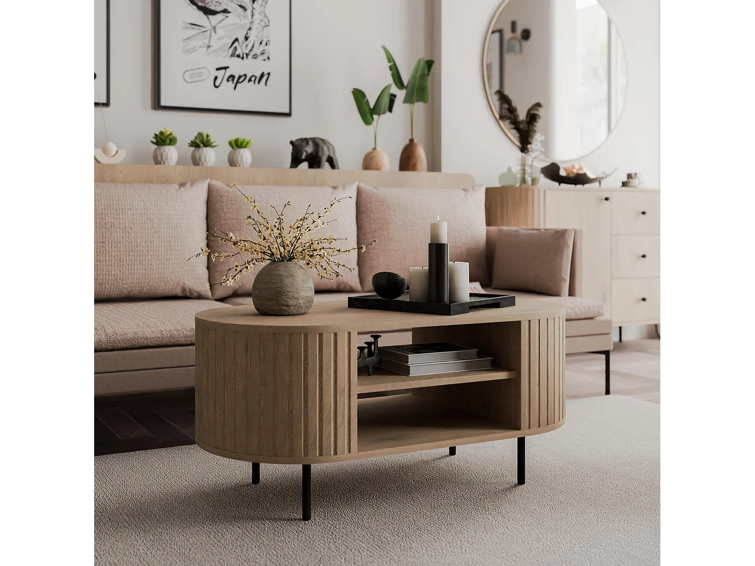 AX LIVING Salontafel Halay eiken Cremona ribbelstructuur 100 cm ronde randen