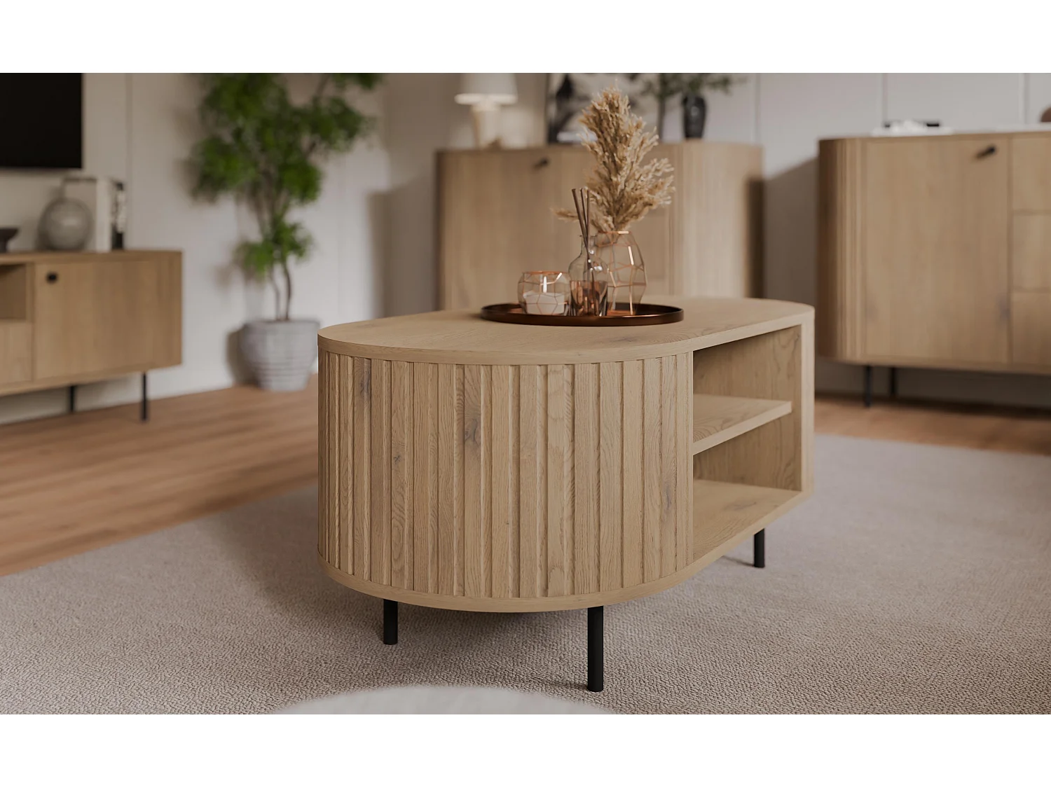 AX LIVING Salontafel Halay eiken Cremona ribbelstructuur 100 cm ronde randen