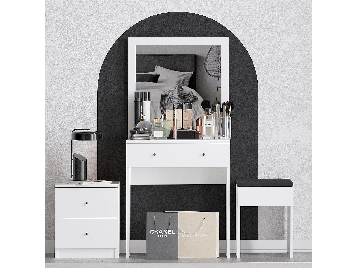 Schminktisch-Set aus weißem Holz "Nice" mit Spiegel, Hocker und 3 Schubladen – 65x35x139 cm, elegantes Design und praktischer Stauraum