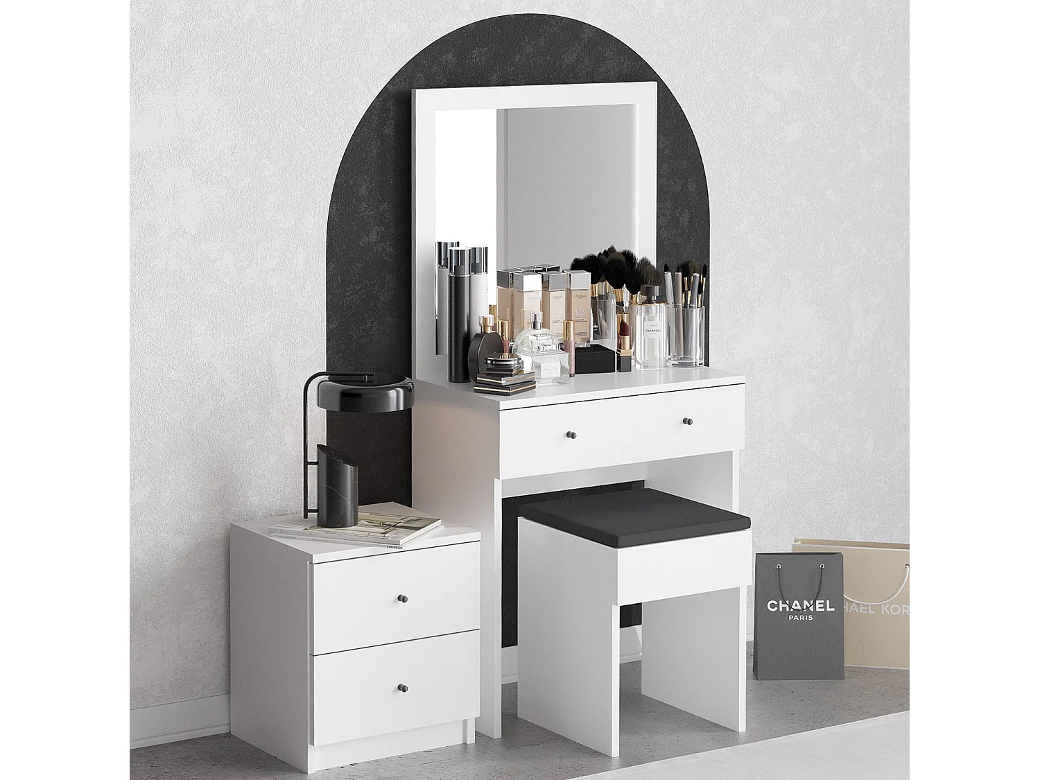 Schminktisch-Set aus weißem Holz "Nice" mit Spiegel, Hocker und 3 Schubladen – 65x35x139 cm, elegantes Design und praktischer Stauraum