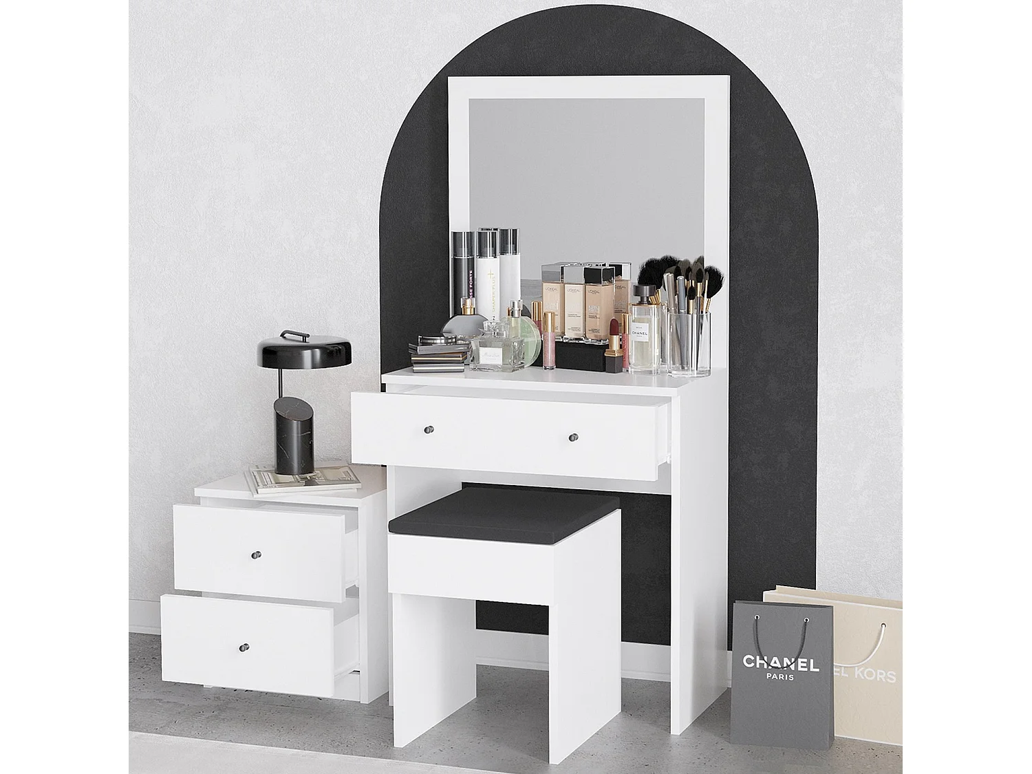 Schminktisch-Set aus weißem Holz "Nice" mit Spiegel, Hocker und 3 Schubladen – 65x35x139 cm, elegantes Design und praktischer Stauraum