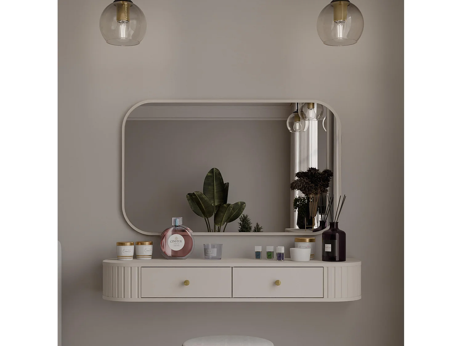 AX LIVING Schminktisch Halay Beige 2 Schubladen mit runden Kanten + Rechteckiger Spiegel