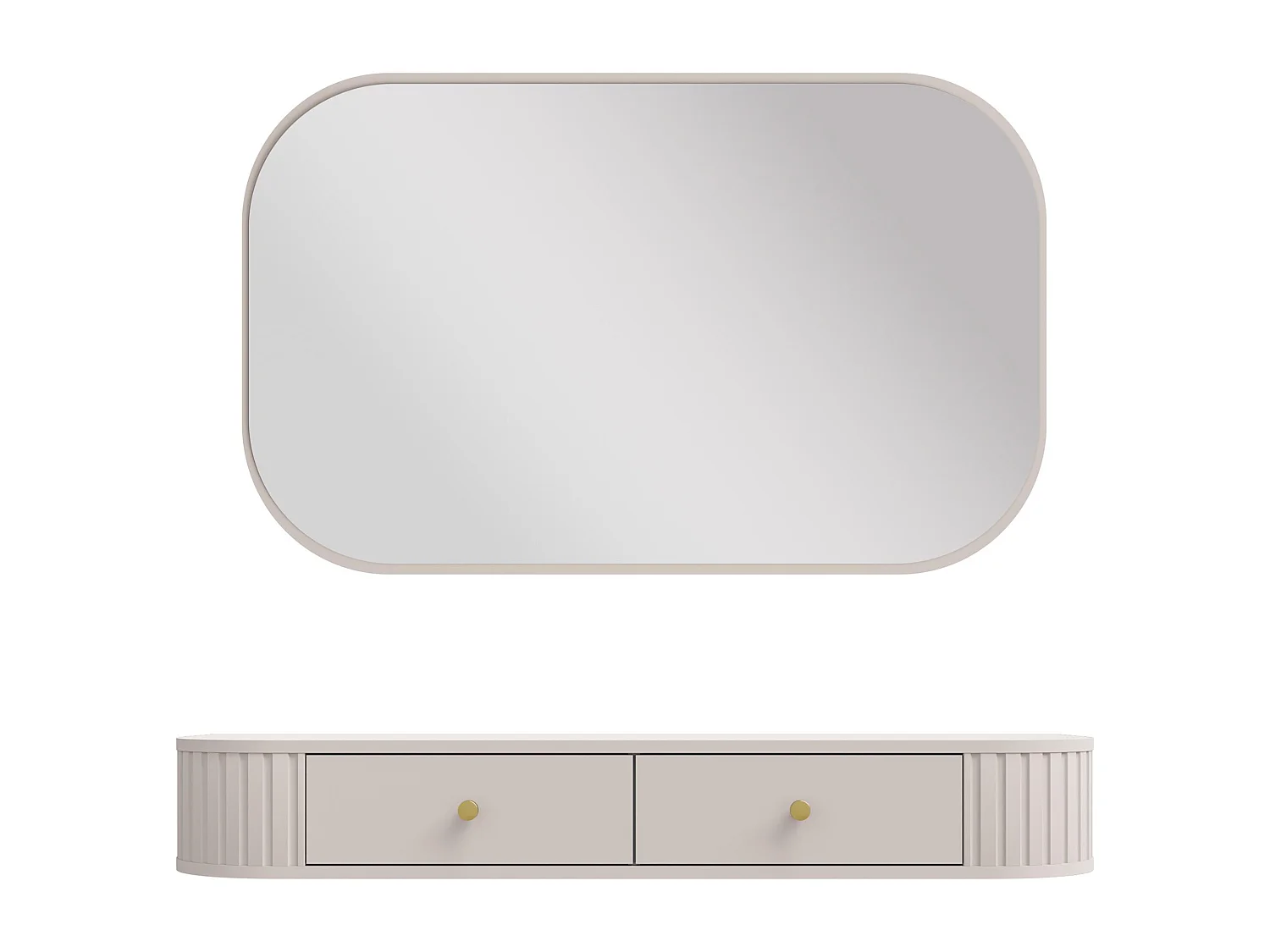 AX LIVING Schminktisch Halay Beige 2 Schubladen mit runden Kanten + Rechteckiger Spiegel