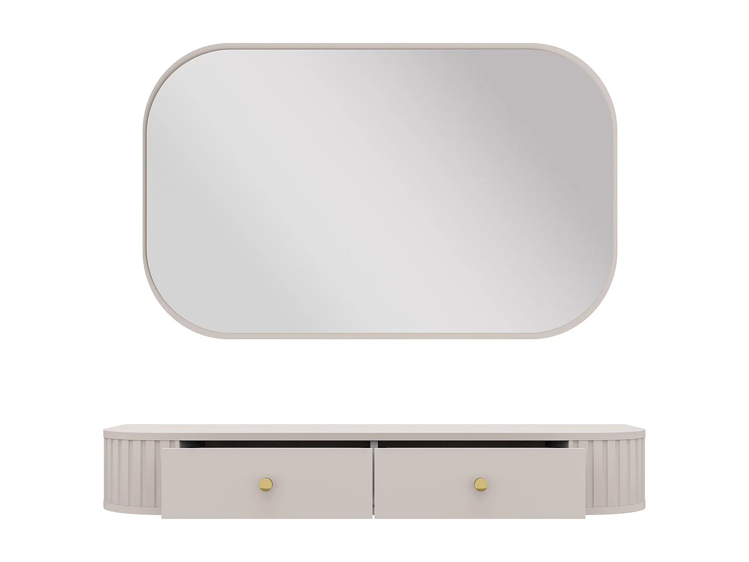 AX LIVING Schminktisch Halay Beige 2 Schubladen mit runden Kanten + Rechteckiger Spiegel