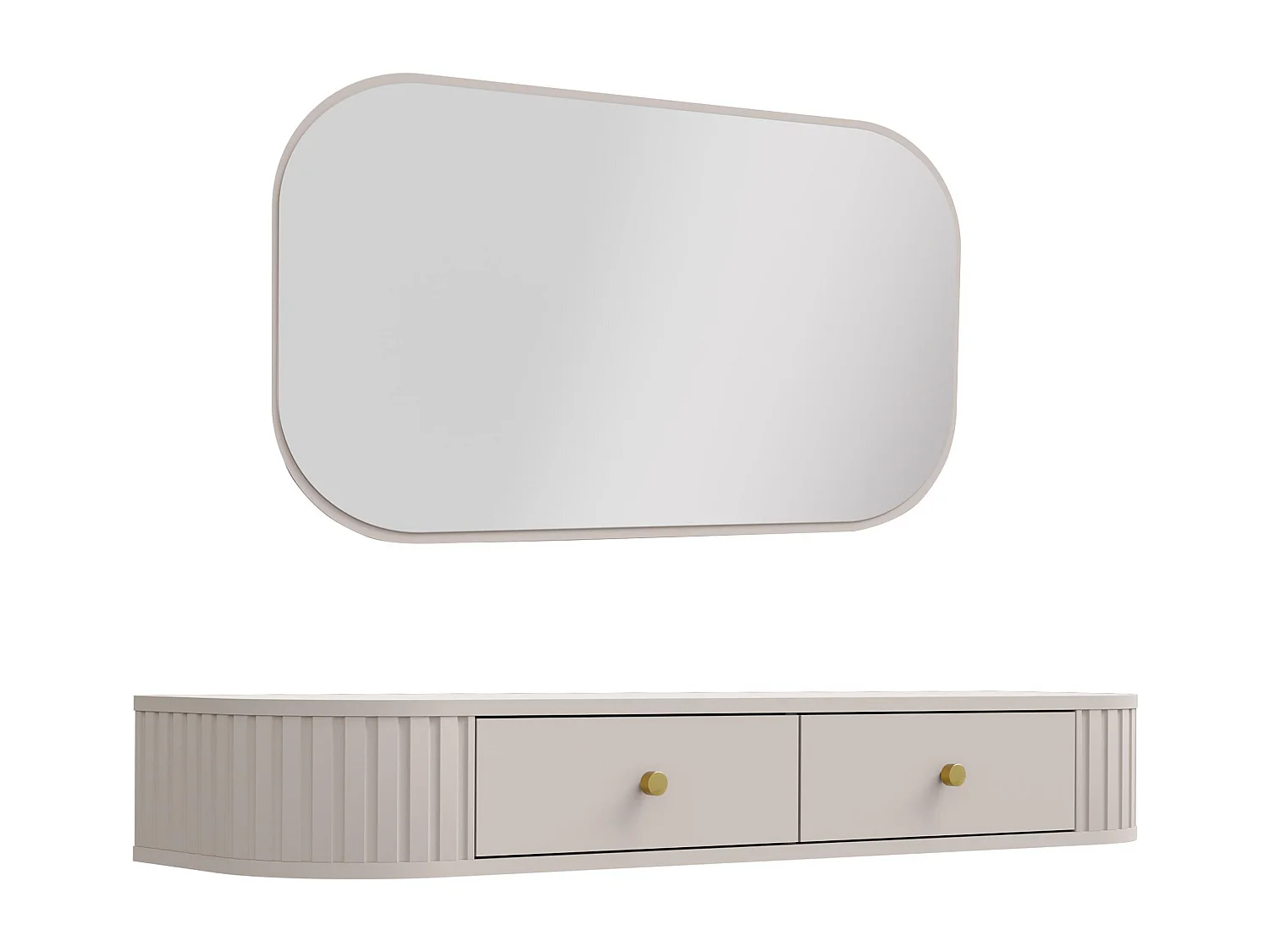 AX LIVING Schminktisch Halay Beige 2 Schubladen mit runden Kanten + Rechteckiger Spiegel