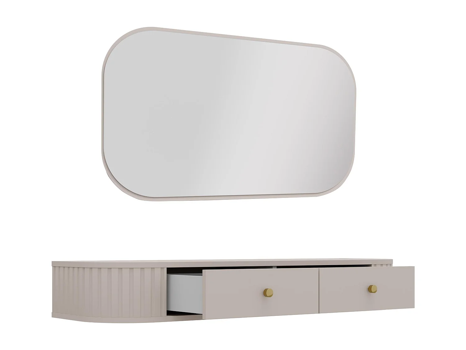 AX LIVING Schminktisch Halay Beige 2 Schubladen mit runden Kanten + Rechteckiger Spiegel