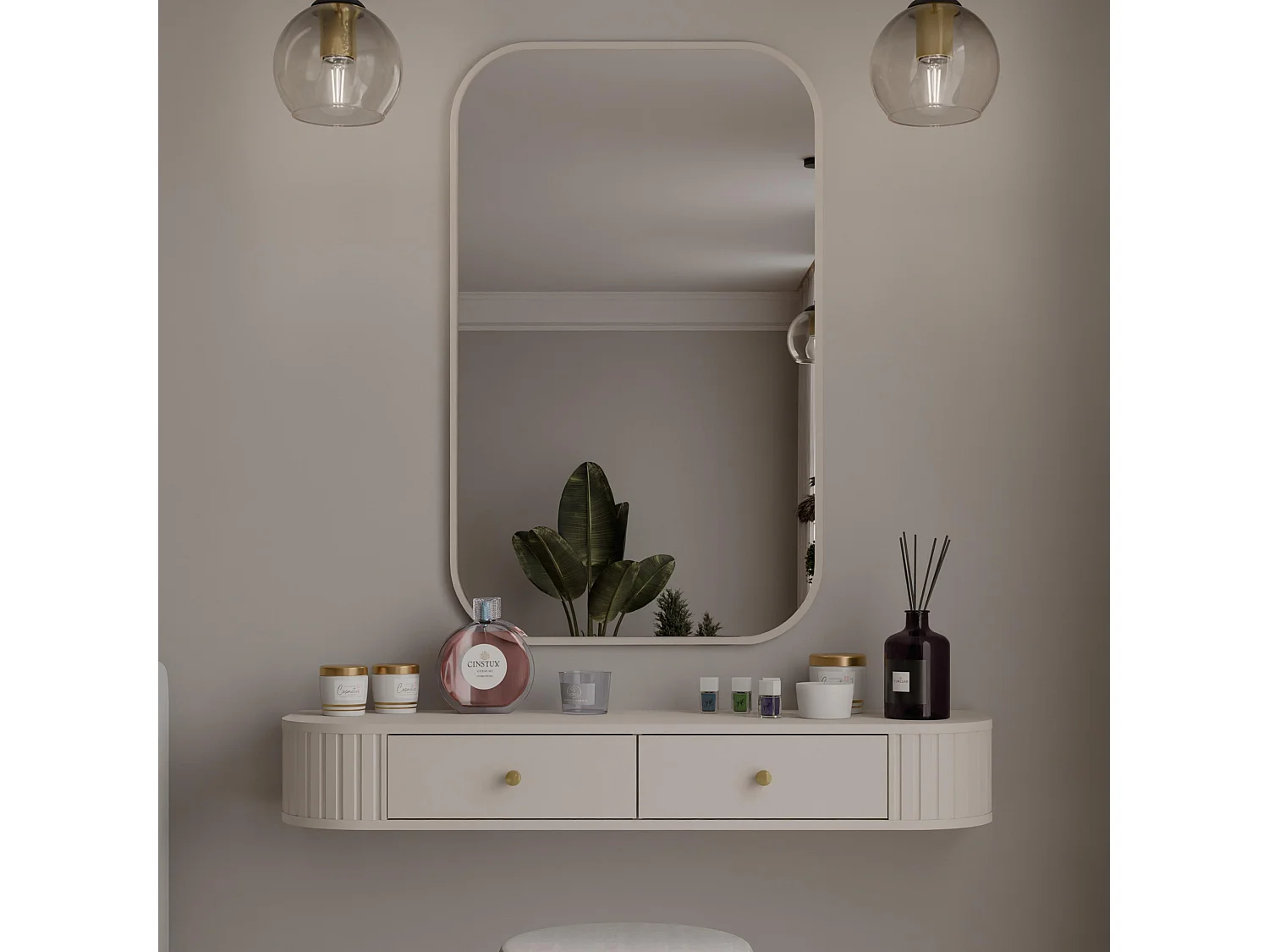 AX LIVING Schminktisch Halay Beige 2 Schubladen mit runden Kanten + Rechteckiger Spiegel