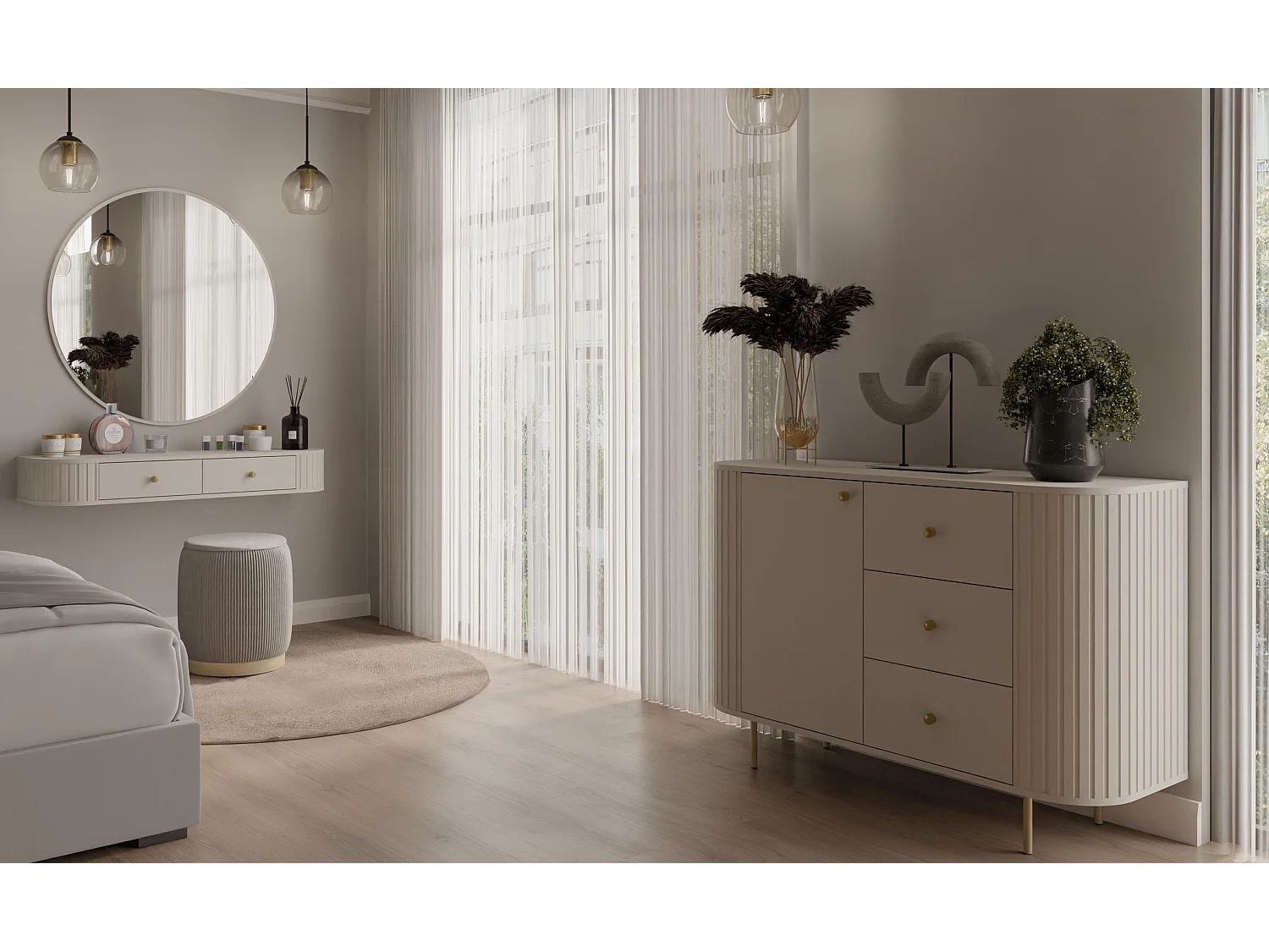 AX LIVING Schminktisch Halay Beige 2 Schubladen mit runden Kanten + Rechteckiger Spiegel