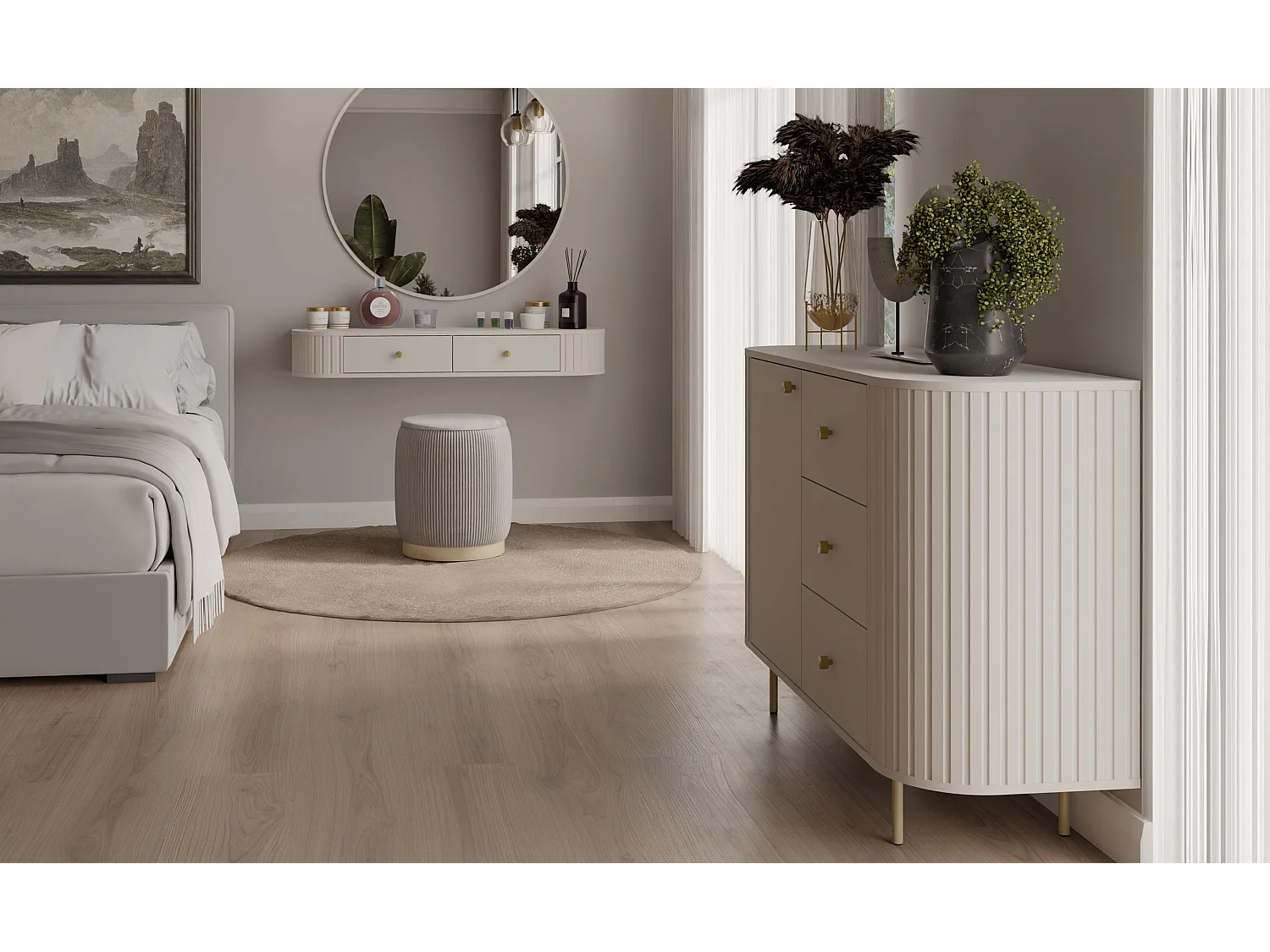 AX LIVING Commode Halay beige 1 porte 3 tiroirs façade rainurée 123 cm