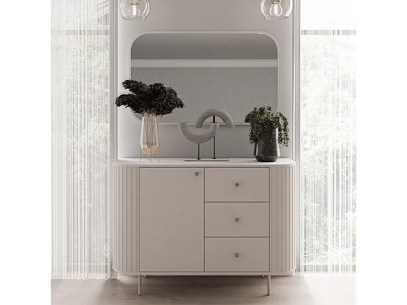 AX LIVING Commode Halay beige 1 porte 3 tiroirs façade rainurée 123 cm