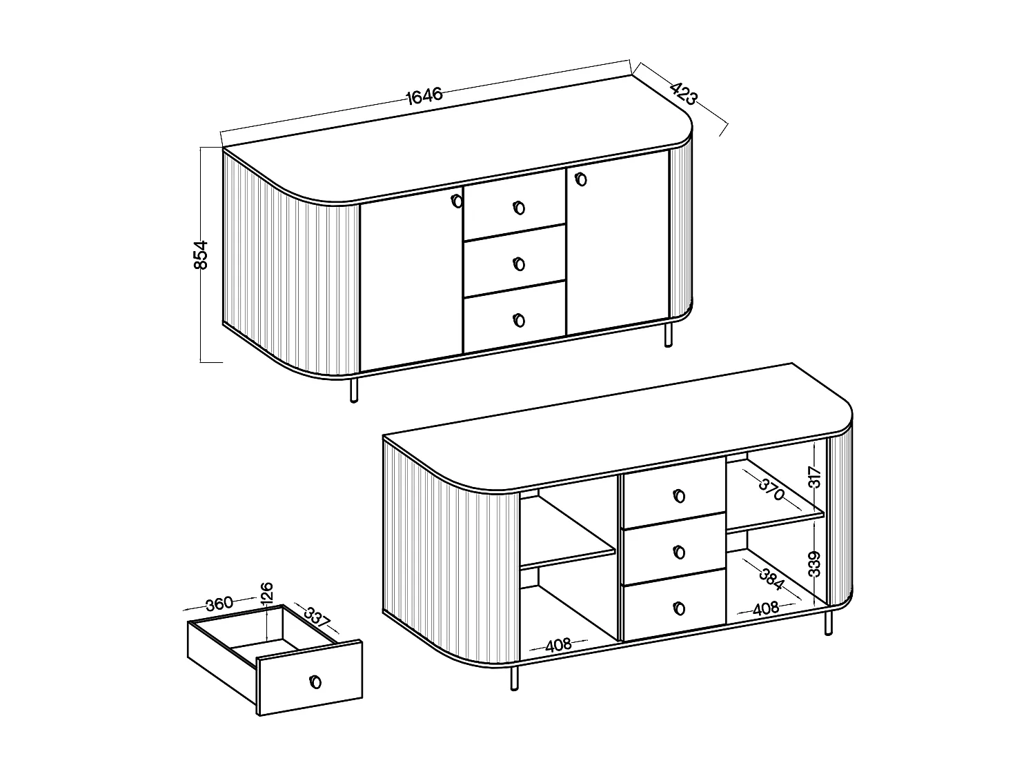 AX LIVING Commode Halay chêne Cremona 2 portes 3 tiroirs façade rainurée 165 cm