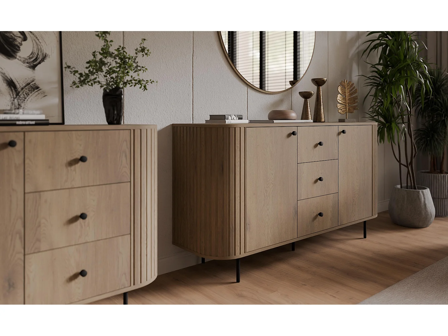 AX LIVING Commode Halay chêne Cremona 2 portes 3 tiroirs façade rainurée 165 cm