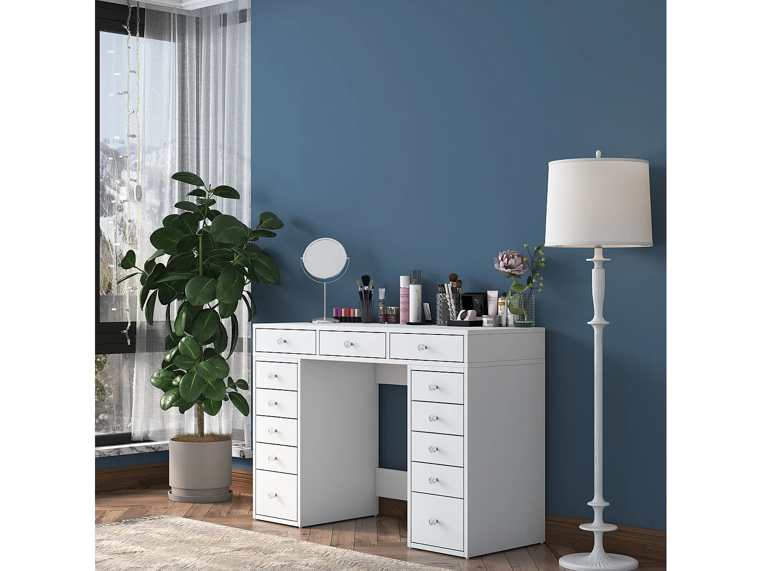 Weiße Holz-Frisiertisch "Sena" 120x44x82 cm mit 13 integrierten Schubladen, elegantes und praktisches Design