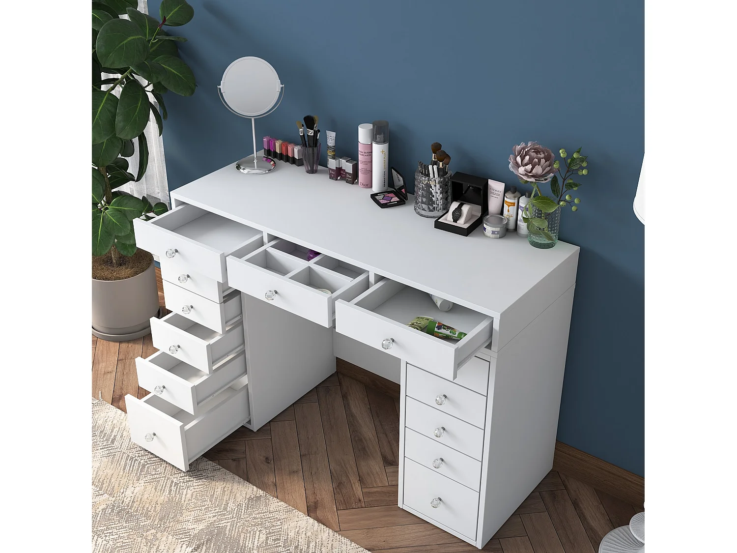 Weiße Holz-Frisiertisch "Sena" 120x44x82 cm mit 13 integrierten Schubladen, elegantes und praktisches Design