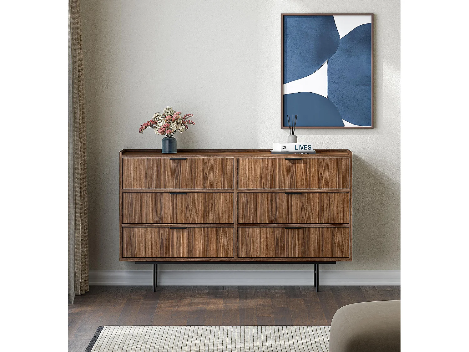 AX LIVING Nordiva Commode 150 cm avec tiroir Warmia Walnut bois moderne