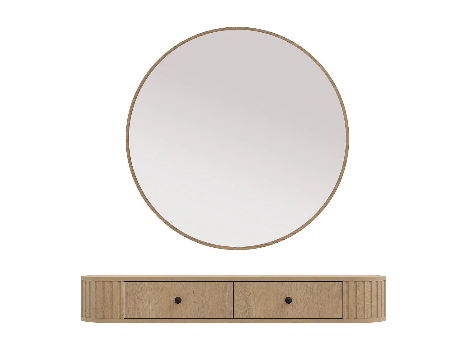 AX LIVING Schminktisch Halay Eiche Cremona 2 Schubladen mit runden Kanten + Rund Spiegel 100 cm