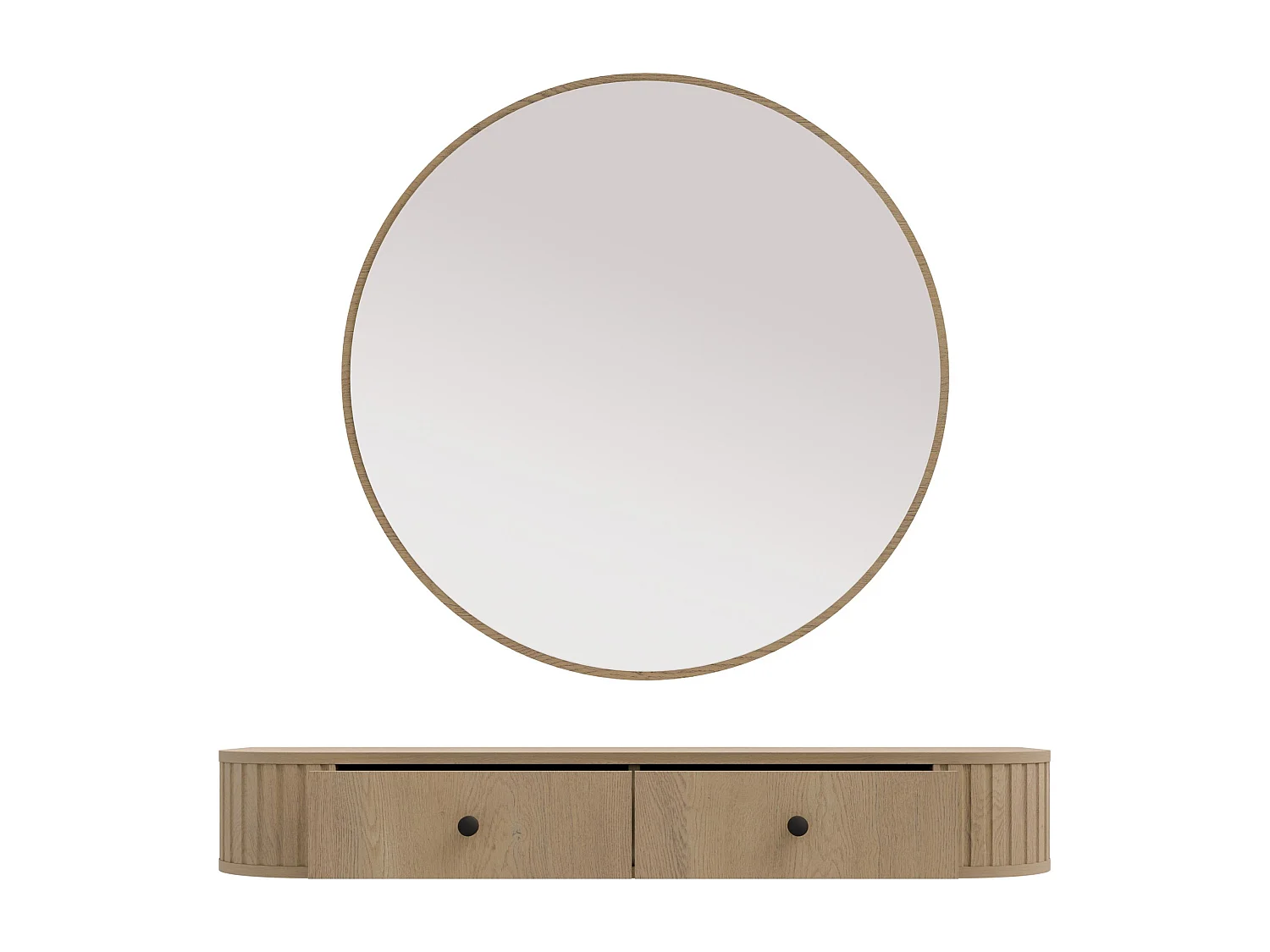 AX LIVING Schminktisch Halay Eiche Cremona 2 Schubladen mit runden Kanten + Rund Spiegel 100 cm