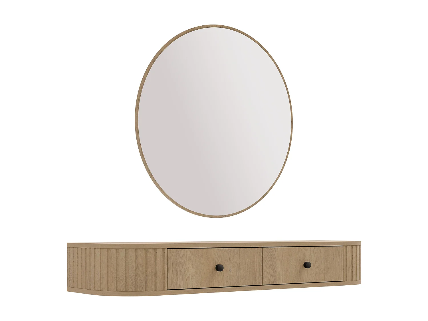 AX LIVING Schminktisch Halay Eiche Cremona 2 Schubladen mit runden Kanten + Rund Spiegel 100 cm