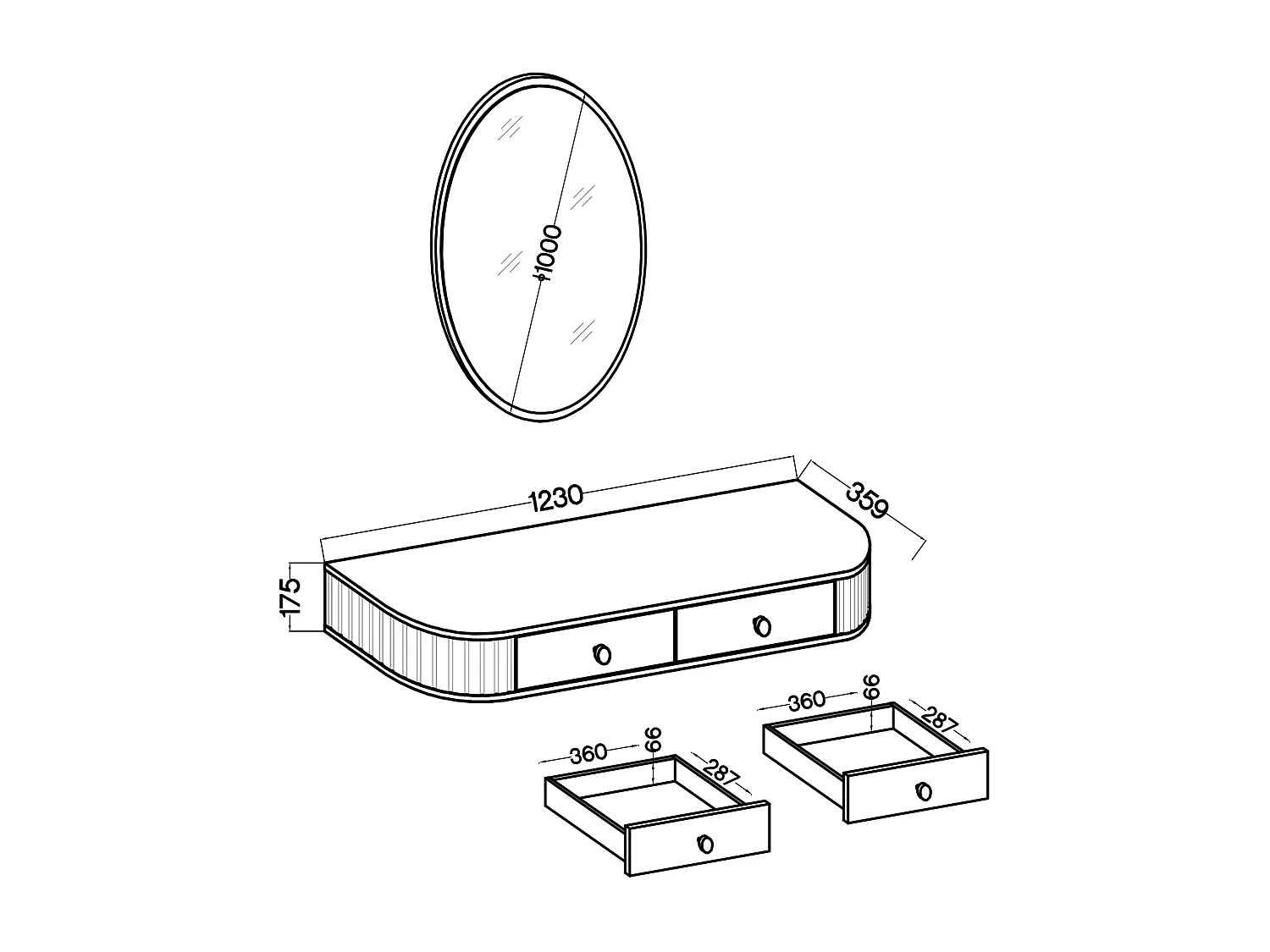 AX LIVING Schminktisch Halay Eiche Cremona 2 Schubladen mit runden Kanten + Rund Spiegel 100 cm
