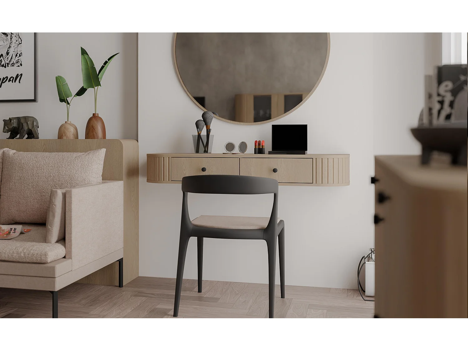 AX LIVING Schminktisch Halay Eiche Cremona 2 Schubladen mit runden Kanten + Rund Spiegel 100 cm