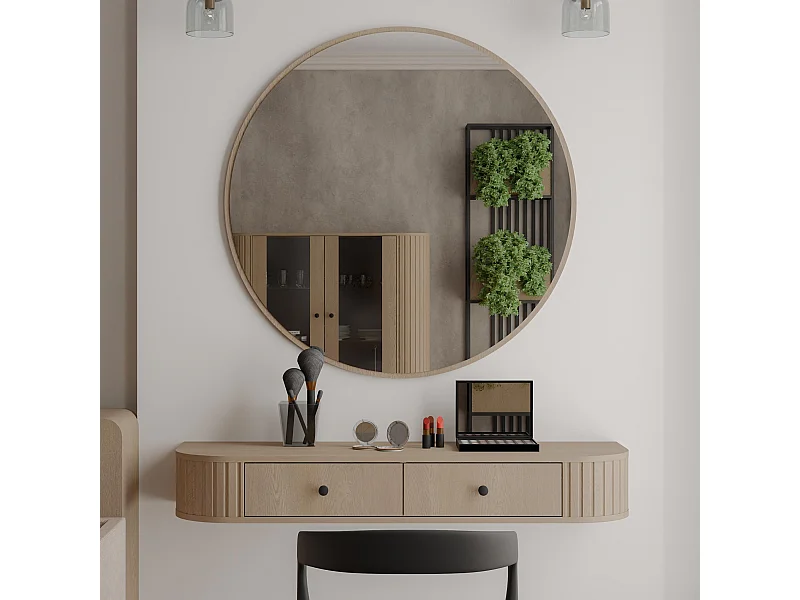 AX LIVING Schminktisch Halay Eiche Cremona 2 Schubladen mit runden Kanten + Rund Spiegel 100 cm