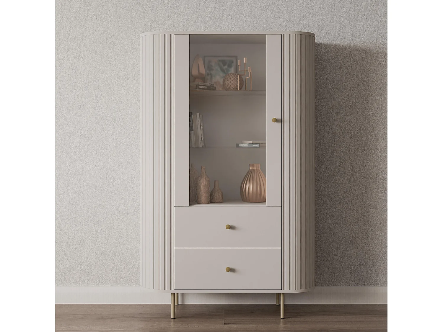 AX LIVING Vitrine Halay Beige, 1 Tür & 2 Schubladen Moderne Rillenstruktur, mit runden Kanten