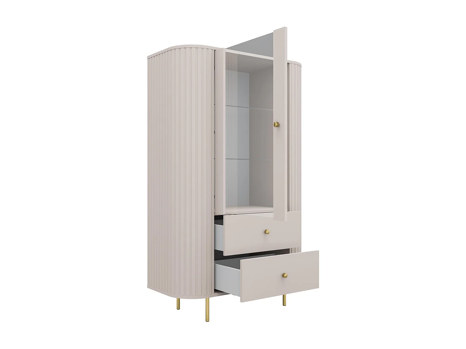 AX LIVING Vitrine Halay Beige, 1 Tür & 2 Schubladen Moderne Rillenstruktur, mit runden Kanten