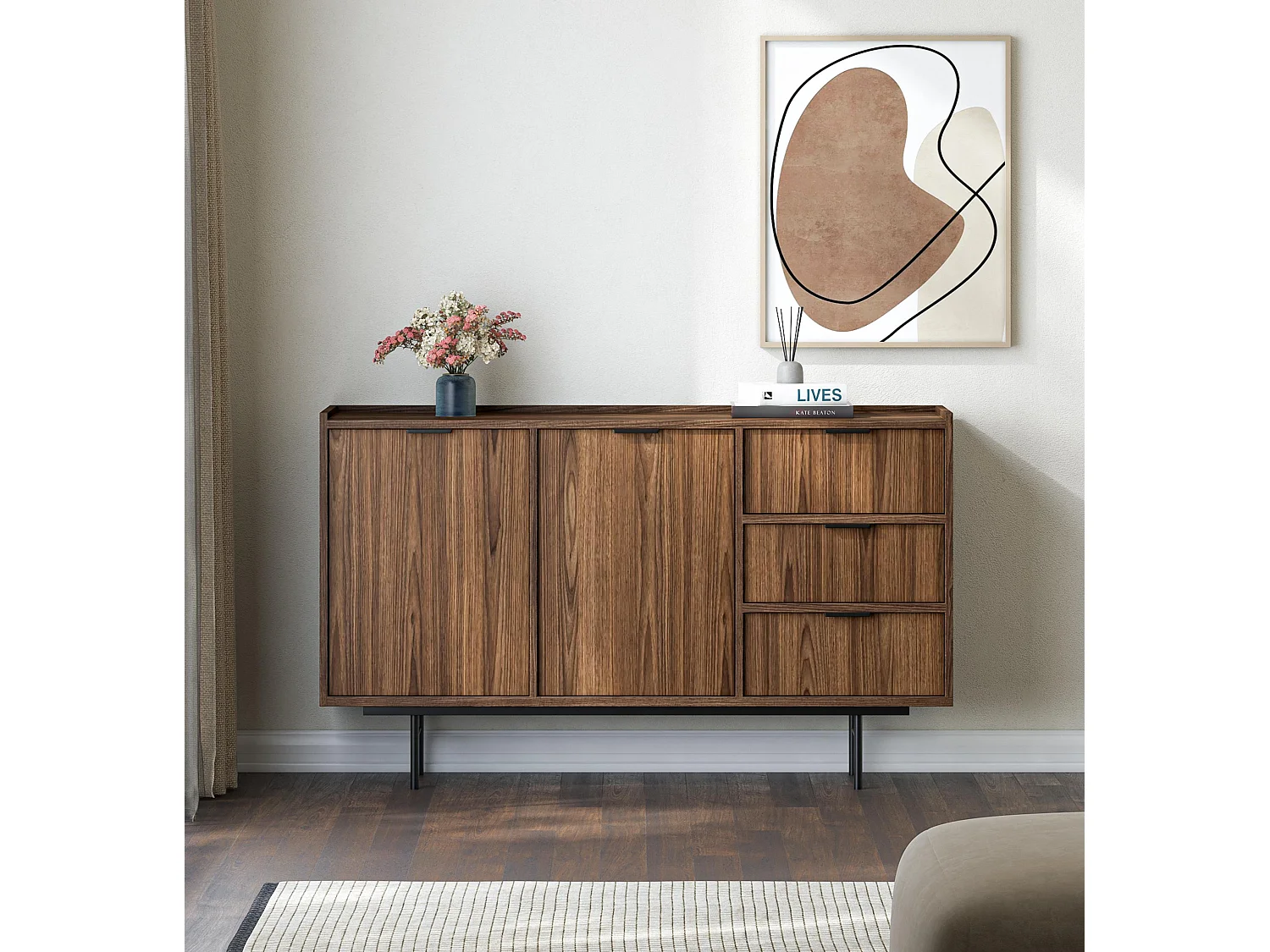 AX LIVING Nordiva Buffet 150 cm avec tiroir Warmia Walnut bois