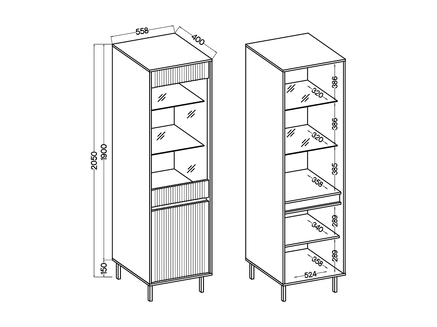 AX LIVING Vitrine BODRUM Hochschrank 2 Türen Glas 56 cm Eiche Evoke