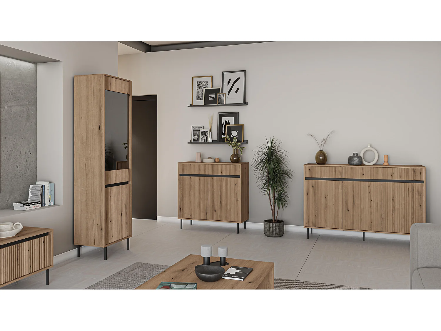 AX LIVING Vitrine BODRUM Hochschrank 2 Türen Glas 56 cm Eiche Evoke