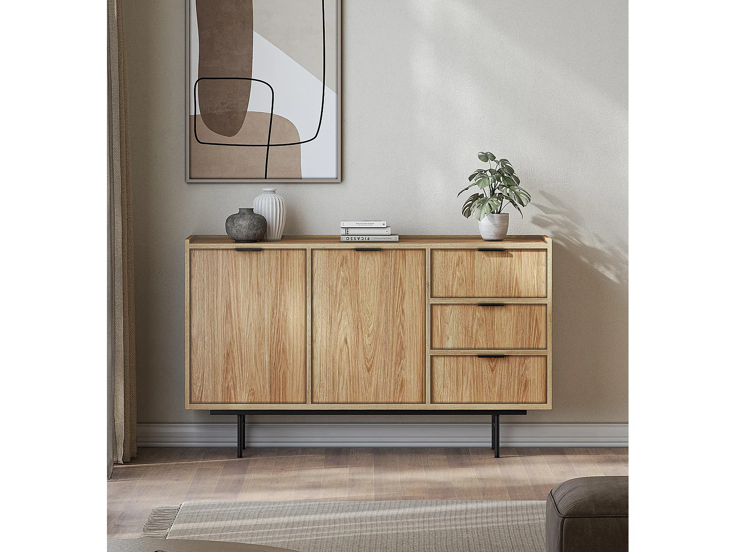 AX LIVING Nordiva Buffet 150 cm avec tiroir Hikora Natur bois