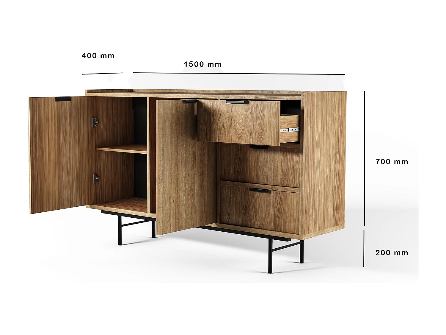 AX LIVING Nordiva Buffet 150 cm avec tiroir Hikora Natur bois