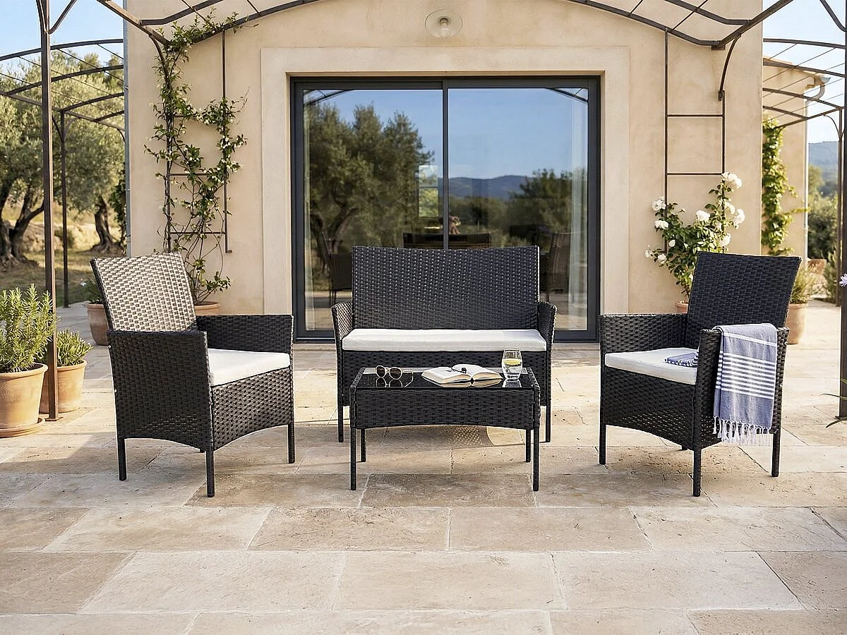 Conjunto de jardim Toronto para 4 pessoas em resina trançada preta com almofadas brancas grossas de 6 cm