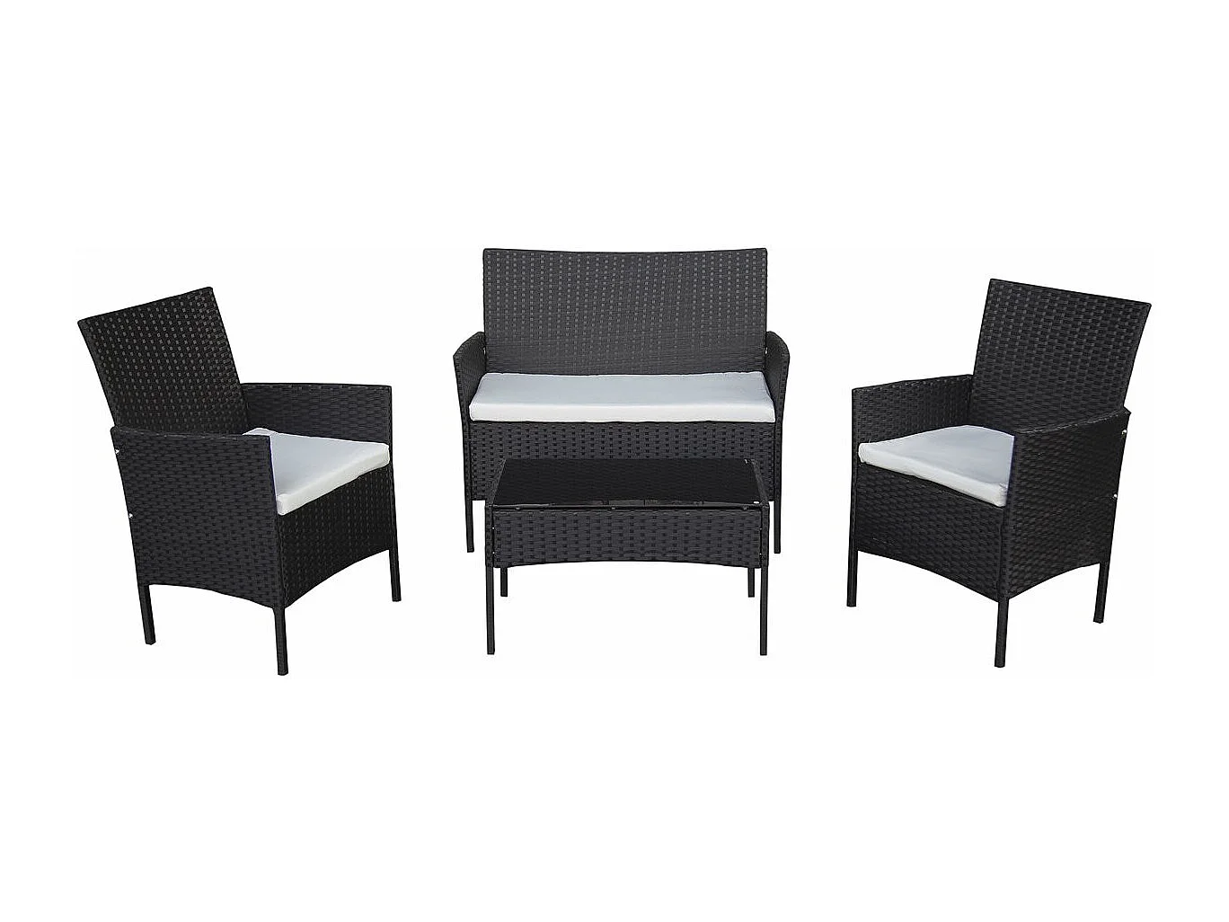 Conjunto de jardim Toronto para 4 pessoas em resina trançada preta com almofadas brancas grossas de 6 cm